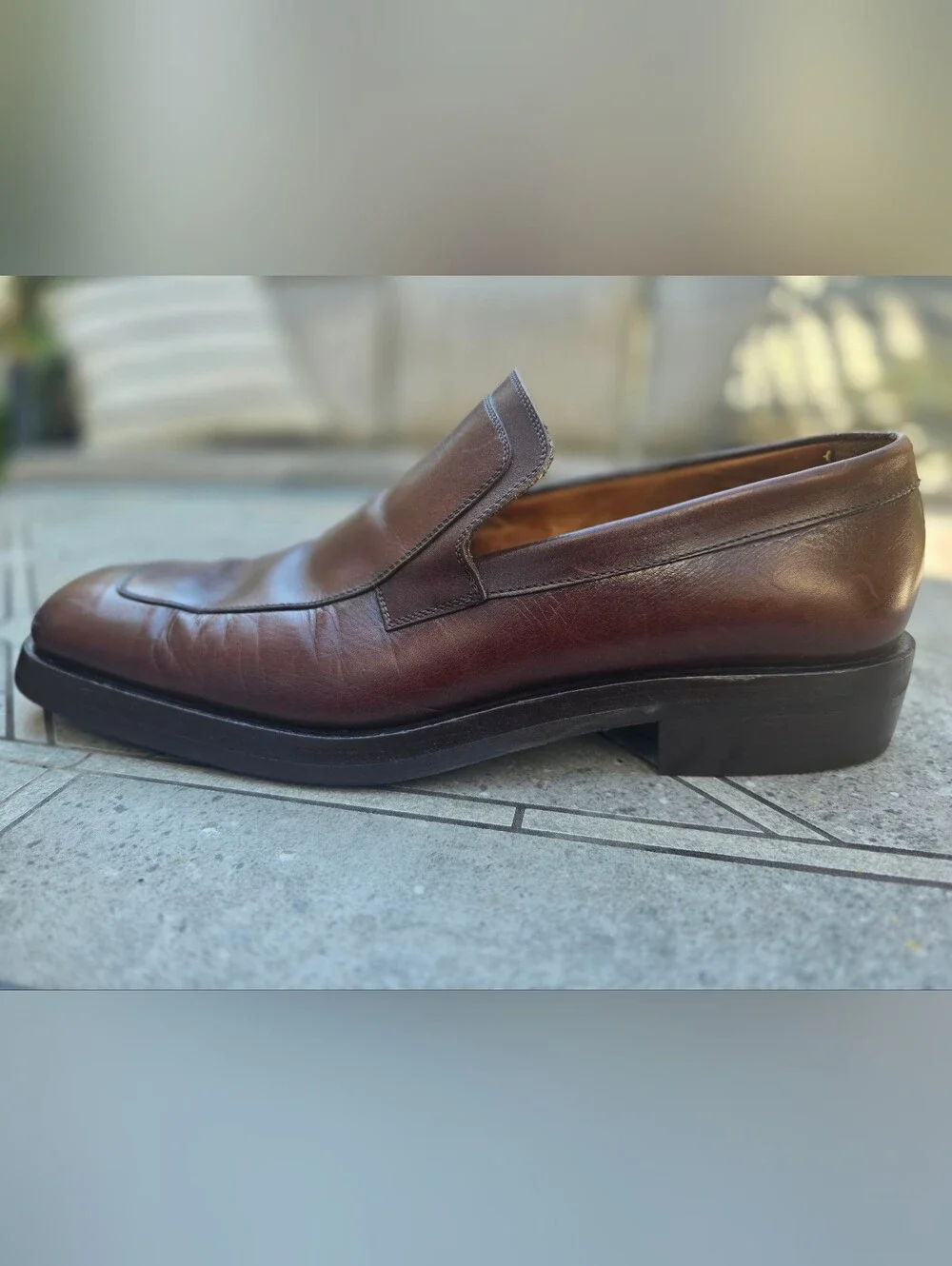 Gucci Vintage Brown Leather Square Toe Loafers Slip-On DressShoes Mens US 11.5 M